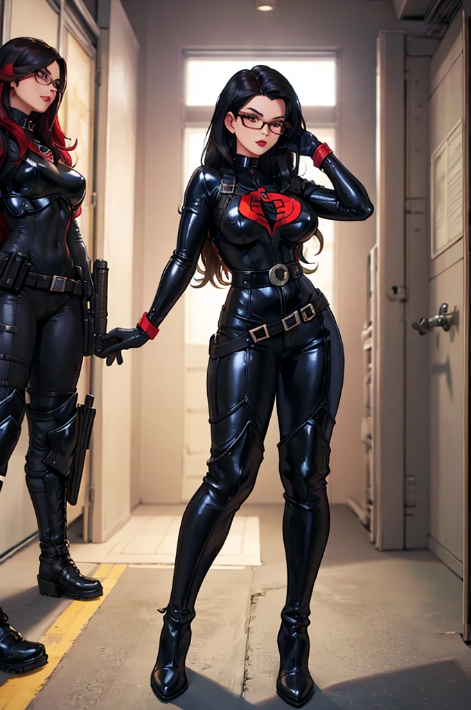 ((The baroness from G.I.joe animated series)) ((beautiful face)) (red lips) (glasses) ((very long black hairstyle)) ((very huge breasts) (perfect slim body) ((wears leather black body suit and pants, gloves, and long boots)) ((choker, belt, cobra logo)) ((posing sexy inside military base))((hold handgun pistol on hand)) (high definition, dynamic lights and shadows) ((masterpiece)) (8k) (perfect face) (best quality) (perfect hands)