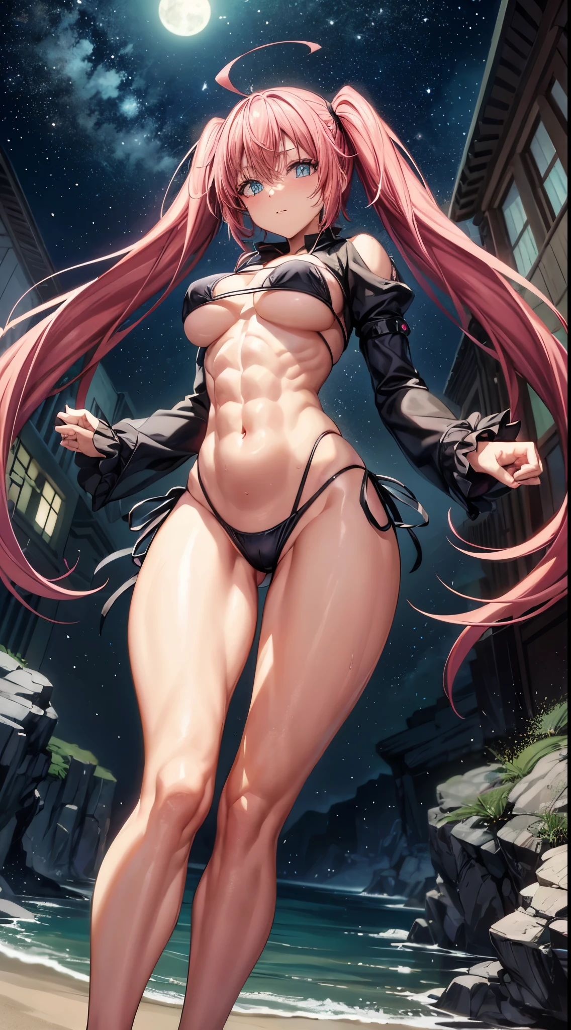 1 girl, (medium ))), (((wearing short bikini))), (long pink hair), (((blue eyes))), thin arms, (on the beach at night with starry sky and a full moon of blood), (slim waist), (((muscular legs))), muscular belly, bare feet, (((showing me your big ass))),ull body photo), (twintails), long eyes, eye flare, bad mood, anime, anime style, ray tracing, reflection, drop shadow, panorama, Sony FE, 8k, UDisk, masterpiece, accurate, anatomically correct, Super detail, best quality, ultra-high resolution, Hard Udisk, 16k