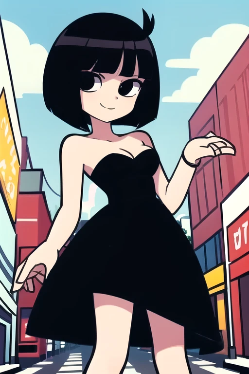 one-girl，medium breasts, cleavage, looking at viewer，short black hair，bob cut, black eyes, strapless, Black dress, skin-tight dress, City streets, standing near a brickwall, smile, sunny day, high quality, Masterpiece