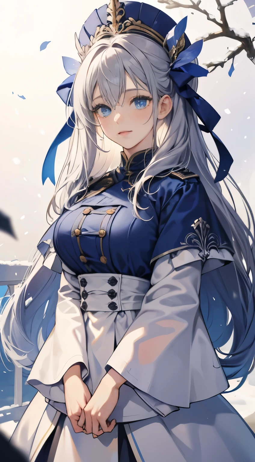 Absurd resolution, A high resolution, (tmasterpiece: 1.4), A woman is，16 yaers old，，Pretty big breastlonde with blue eyes，Long gray hair，welcoming，white colors衣服，gentleness，Winterright shades，stands in the garden，facing at camera，snow landscape，white colors，