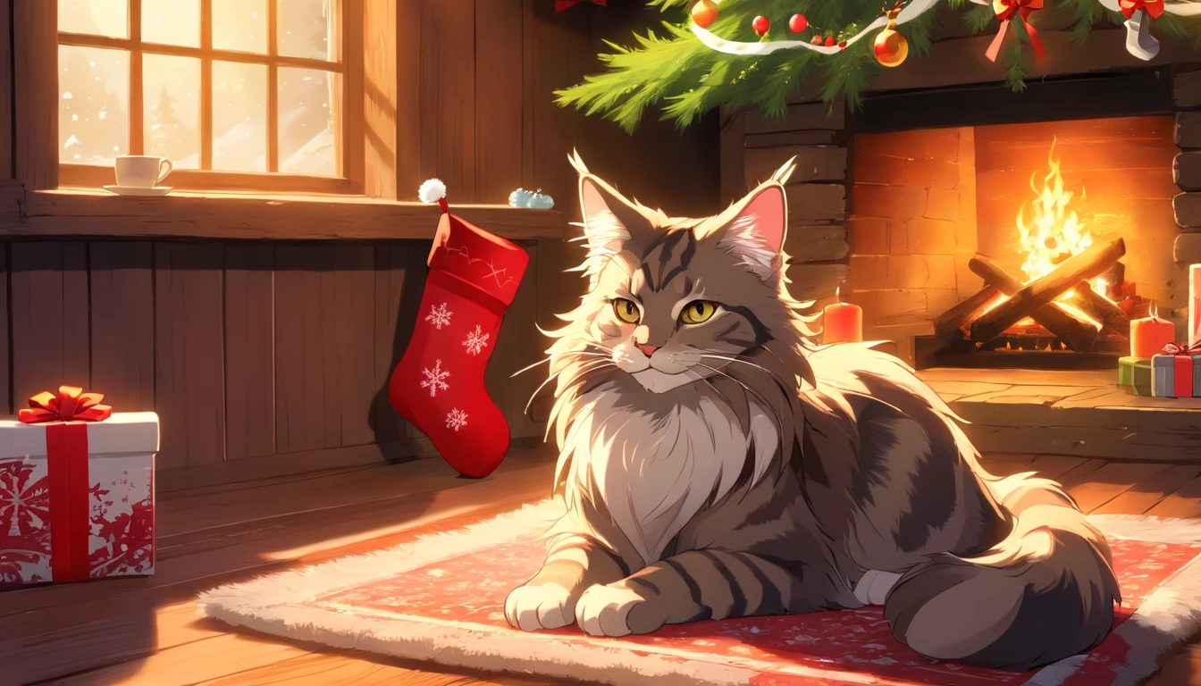 inside, ((christmas tree)), presents under the tree, log cabin, snow outside, frosted window, fireplace, christmas stockings, christmas cakes on a table, rustic interior, lit candles, cozy atmosphere, twilight outside, one black cat sleeping on a carpet before the fireplace, masterpiece, super detail, high details, high quality, best quality, award winning, 4K, ((maine coon))