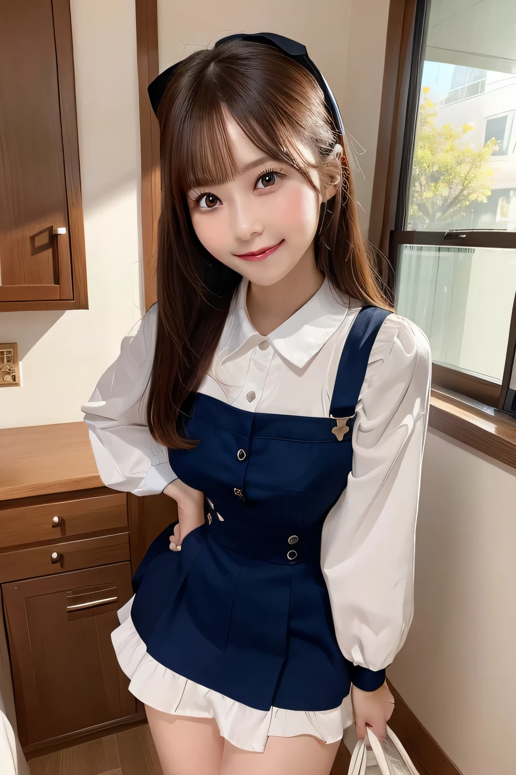 1girl in, Extremely cute face,masterpiece, top-quality, Ultra-fine、Colossal tits, Brown hair,出しゃばりなBust, Bust, Maids, 独奏, Colossal tits, Great Valley,sexypose、 A smile, Maids服, line of sight, Brown hair, mischief,dish, Beautiful valley、beutiful breast、a miniskirt、 realisitic, Collar, Grinning, 牙, pinafore, on hand, inside in room、nogizaka、Beautiful black eyes:1.3、-yeld sc