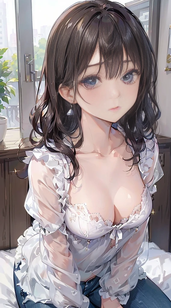 (masutepiece: 1.3), (max resolution: 1.2), (Ultra HDTV: 1.2), cinematric light, 8K resolution, Detailed eyes and skin, detailed facial features, , (Sharp Focus: 1.2), (Focus on Face:1.2),Perfect Style, Beautiful face, acurate, Anatomically correct, ノ Highly detailed facial and skin texture, Detailed eyes, Double eyelids, Thin eyebrows, Glitter Eyeliner: 1 Natural cheeks, Glossy skin, Fair skin: 1.2, (Glossy lips: 1.4), (Shy look: 1.2), Highly detailed facial and skin texture, Detailed eyes, Double eyelids, Natural cheeks, , shiny lips: 1.4,Exposed cleavage、Sexually arousal、Provocation、embarrassed from、Open knees、open one's legs、Fluffy blouse、Comes with small shiny earrings and necklace、Sheer underwear、perfect jeans pants、 23 instars, Neat and clean woman, (large chest directed upwards),sexy pose、Silver hair、brown haired、Blue ash eyes、Green ash eye、rub one's breasts、Touching underwear、Touching the crotch、