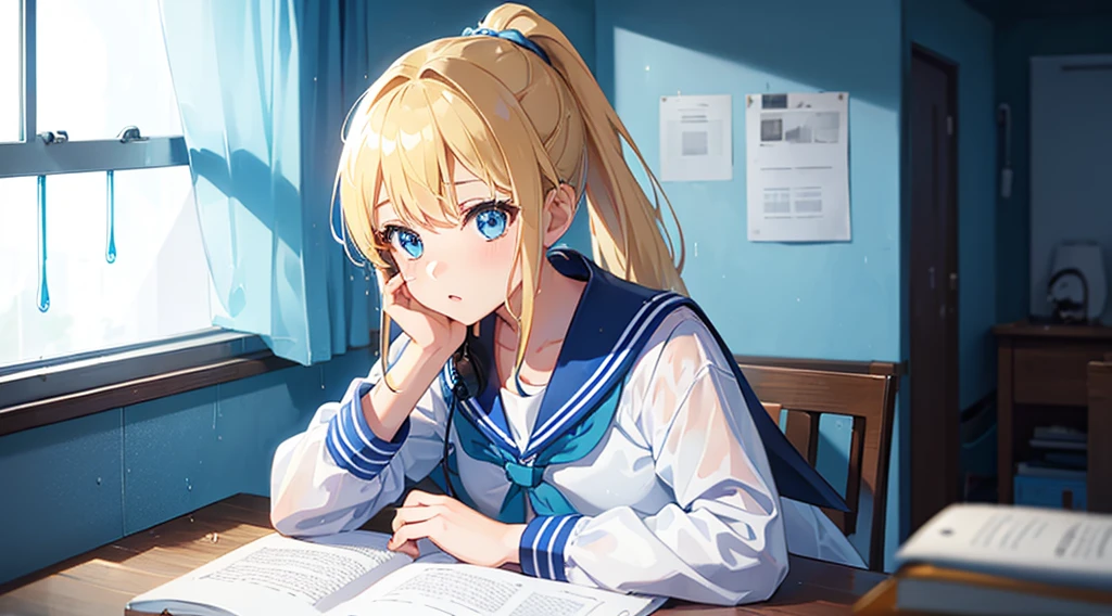 (1 girl, blonde hair, ponytail, blue eyes, sailor suit, headphone, studying, kawaii), (room with indirect lighting, rain outside the window, blue neon)