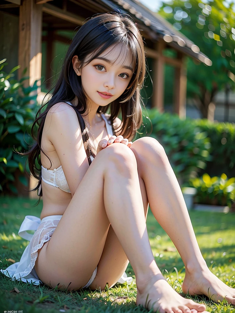 undergarment, photo of girl, cute little, ((KPOP Idol)), ((Lace panties, pantyshot,White panties are visible))、 ((Physical education sitting、Sitting on the grass with both hands holding knees、A-shaped legs)), A dark-haired, blurry backround, knee high,all nude,full nude, head rest, Shot from below the front, plein air, masterpiece, top-quality, ultra-detailliert、neatly trimmed lawn,sitting on a small wooden stand,Carefree smile,Photographed from below,neatly trimmed lawn,