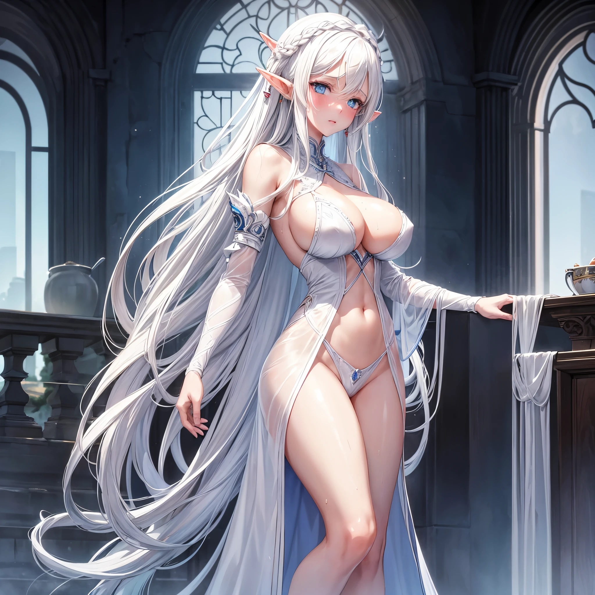 Excellent, masterpiece, white hair, blue eyes, white clothes, full body, long hair, fair skin, side braids, best quality, massive breasts, long elf ears, scantily clad, young girl, wet body, blushing, shy, exposed