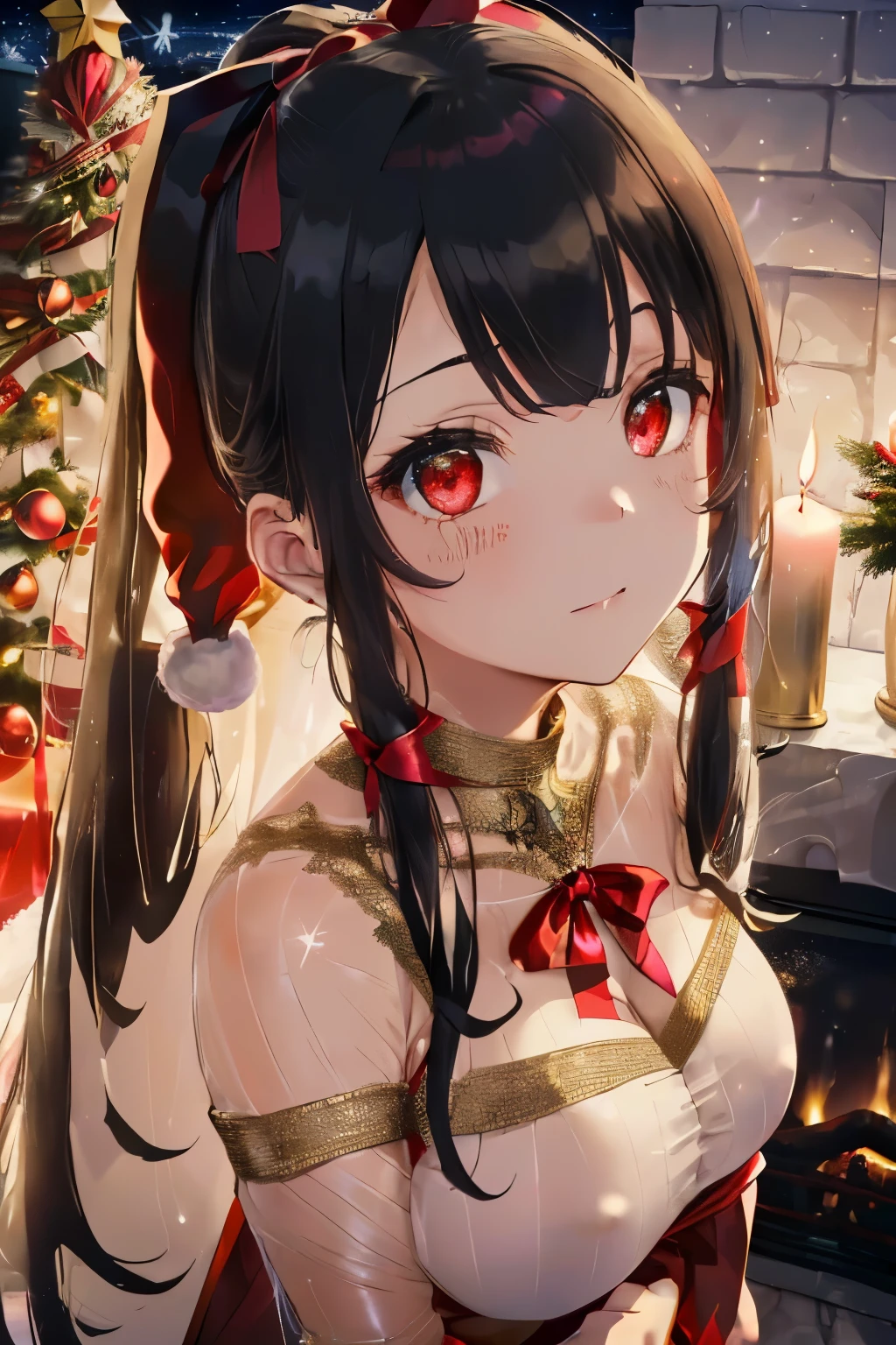(shiny navy hair),(pigtails),(Pink eyes),(With bangs),(Inside the store at night with beautiful illuminations:1.3),(A room lit by a fireplace or candlelight:1.3),((Christmas tree)),(Luxurious and voluminous Santa-style dress:1.4),(lace up costume),(Body Wrapping:1.6),((Hug me to hide your chest)),(white fluffy underwear),Smile,Slight red tide,(Kamimei),(red and gold and silver and black:1.25),(Red Ribbon:1.35),(close up of face:1.45),(front view:1.4),