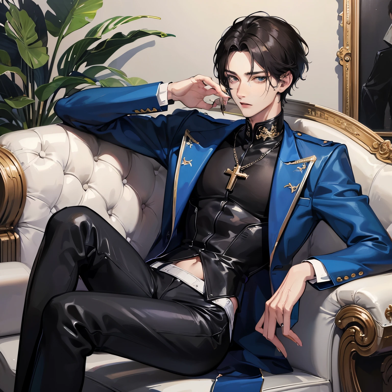 Beautiful Boys、twinks、with black hair、nobles、Straight face、A detailed face、1 boy、Classic、Arrogant man、top grade、Center division、Forehead、Mole、One Man、A sexy、Sit on a luxury sofa、cross one's legs、Wear blue clothes、