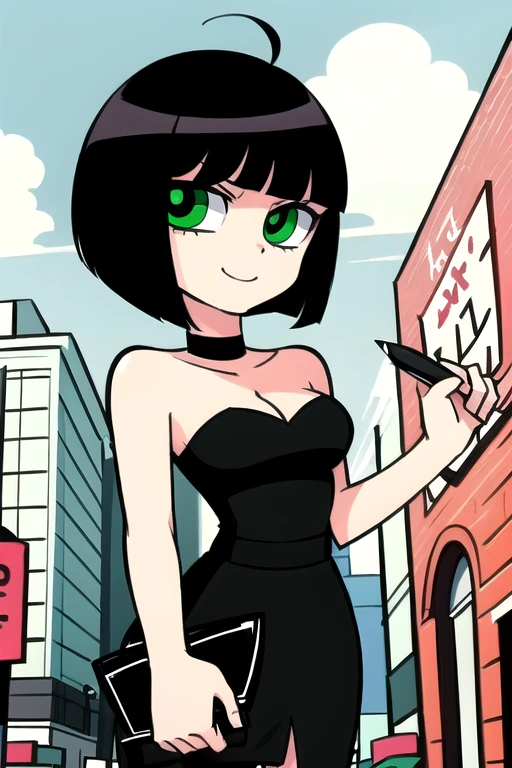 one-girl,medium breasts, cleavage, looking at viewer,short black hair,bob cut, green eyes, strapless, Black dress, black pencil skirt, City streets, standing near a brickwall, smile, sunny day, high quality, Masterpiece