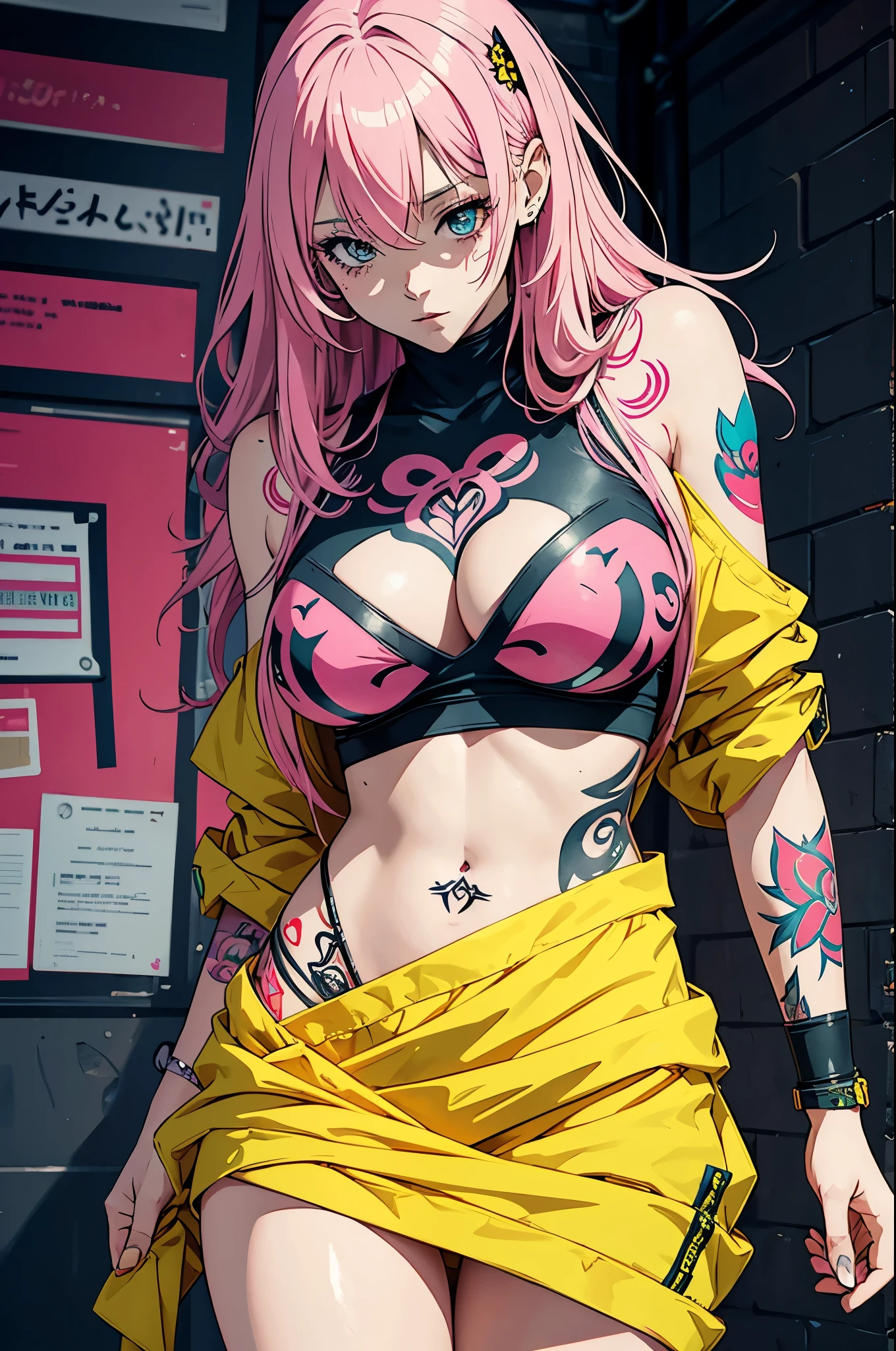 Alternative anime girl covered in tattoos, lots of tattoos, tattoo sleeves, focus on pink and yellow colours, illustration, basic colour backgrounds, industrial, graphic, Lino print