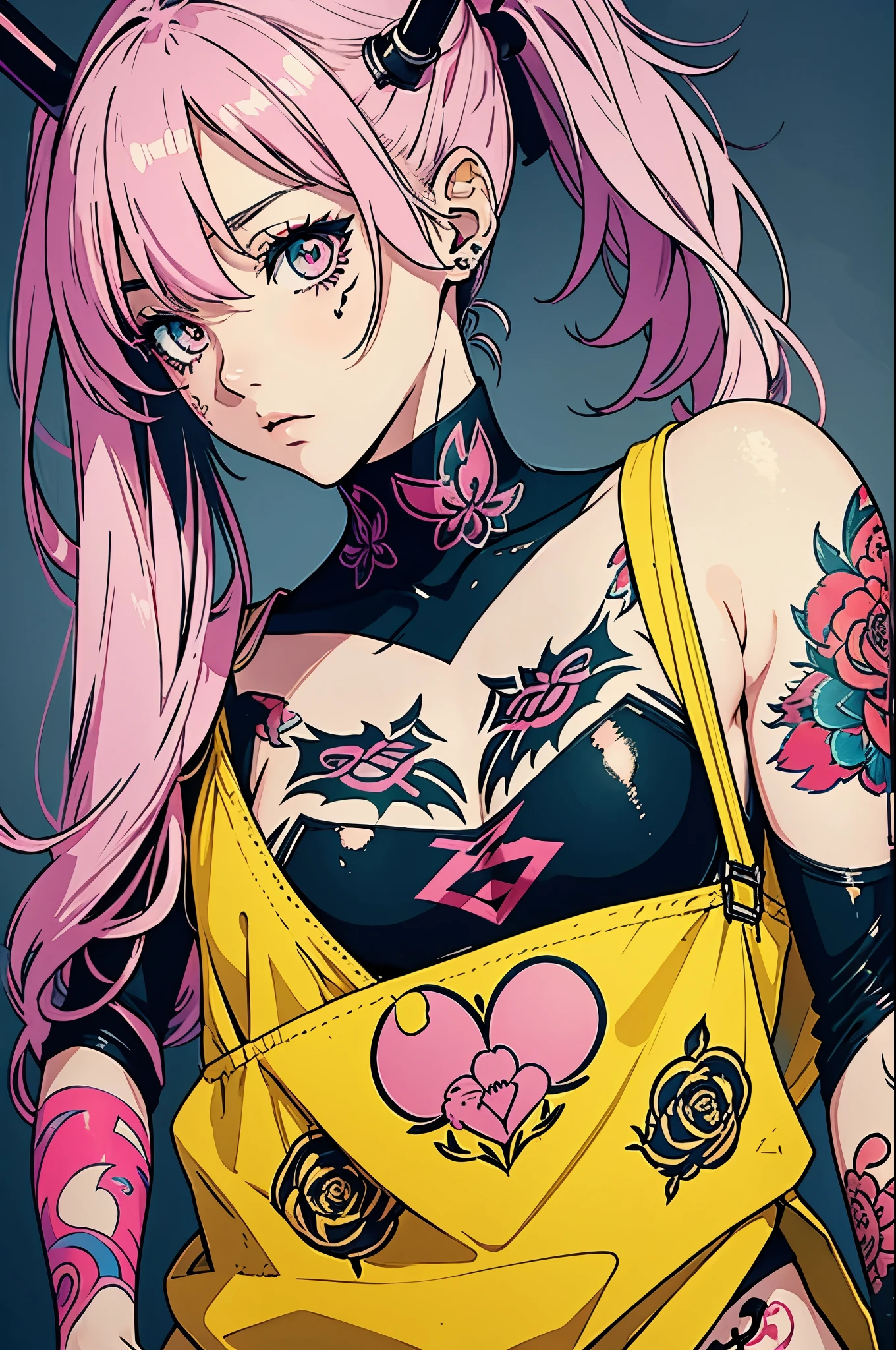 Alternative anime girl covered in tattoos, lots of tattoos, tattoo sleeves, focus on pink and yellow colours, illustration, basic colour backgrounds, industrial, graphic, Lino print