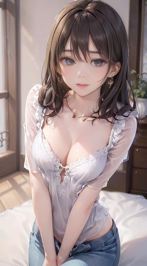 (masutepiece: 1.3), (max resolution: 1.2), (Ultra HDTV: 1.2), cinematric light, 8K resolution, Detailed eyes and skin, detailed facial features, , (Sharp Focus: 1.2), (Focus on Face:1.2),Perfect Style, Beautiful face, acurate, Anatomically correct, ノ Highly detailed facial and skin texture, Detailed eyes, Double eyelids, Thin eyebrows, Glitter Eyeliner: 1 Natural cheeks, Glossy skin, Fair skin: 1.2, (Glossy lips: 1.4), (Shy look: 1.2), Highly detailed facial and skin texture, Detailed eyes, Double eyelids, Natural cheeks, , shiny lips: 1.4,Exposed cleavage、Sexually arousal、Provocation、embarrassed from、Open knees、open one's legs、Fluffy blouse、Comes with small shiny earrings and necklace、Sheer underwear、perfect jeans pants、 23 instars, Neat and clean woman, (large chest directed upwards),sexy pose、Silver hair、brown haired、Blue ash eyes、Green ash eye、rub one's breasts、Touching underwear、Touching the crotch、