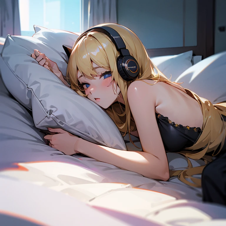 girl with a smartphone、Lying in bed、white headphones、A sexy、a blond、Americans