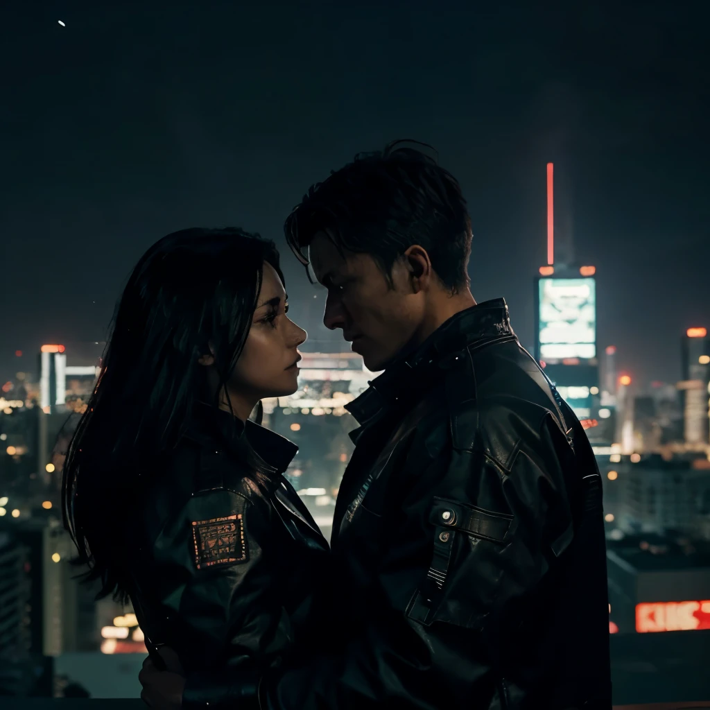 Wallpaper of a couple in cyberpunk universe, the couple it's on the wood together looking at stars at night with a cyberpunk city on background