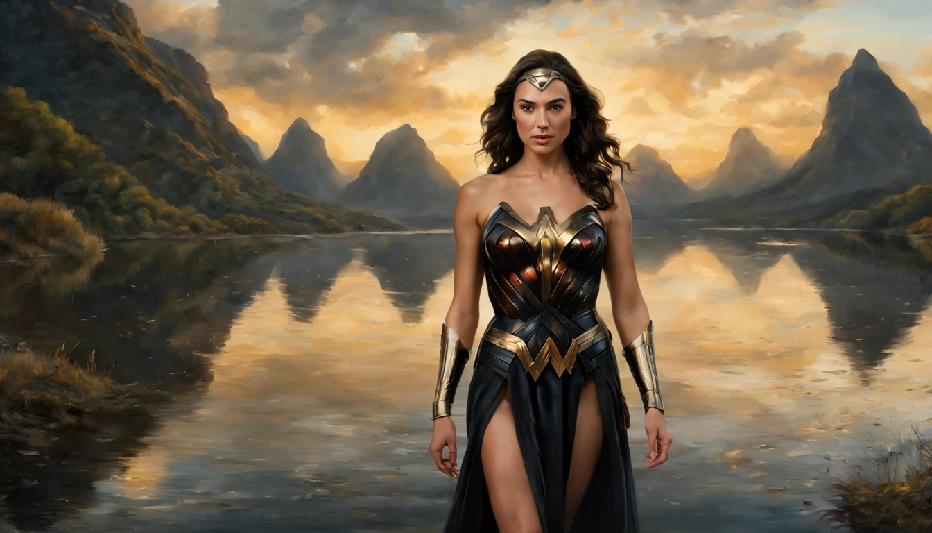 1 girl "Gal Gadot com vestido preto com dourado", numa paisagem, water, (papel de parede 8k de unidade CG extremamente detalhado), obras de arte mais bonitas do mundo, professional majestic oil painting, intrincada, alto detalhe, foco nítido, dramatic and photorealistic painting art