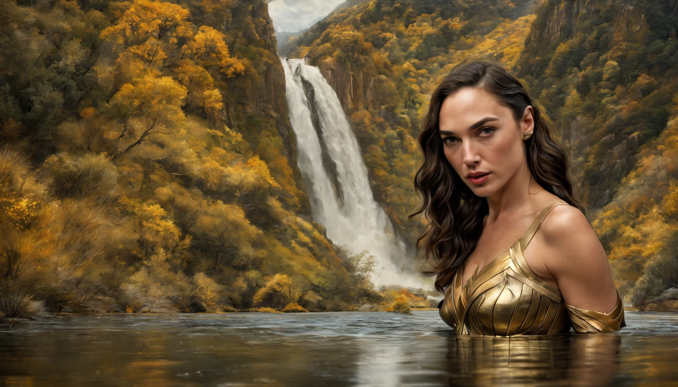 1 girl "Gal Gadot com vestido preto com dourado", numa paisagem, water, (papel de parede 8k de unidade CG extremamente detalhado), obras de arte mais bonitas do mundo, professional majestic oil painting, intrincada, alto detalhe, foco nítido, dramatic and photorealistic painting art