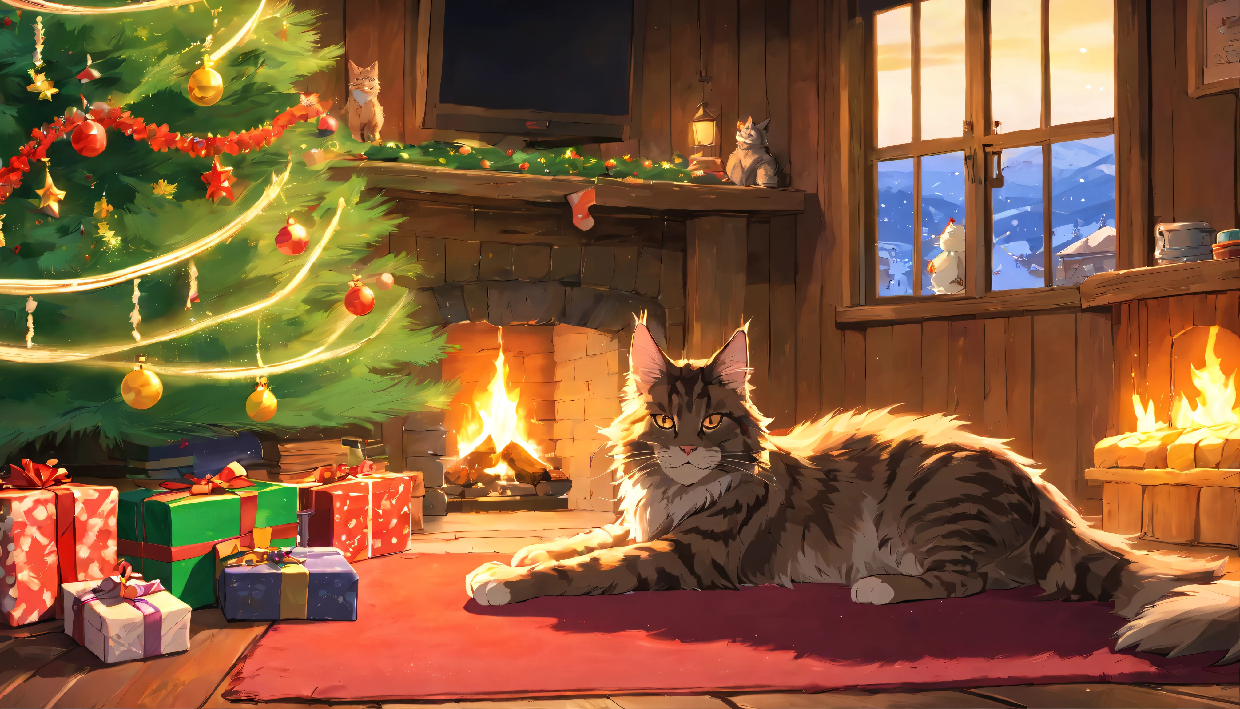 inside, ((christmas tree)), presents under the tree, log cabin, snow outside, frosted window, fireplace, christmas stockings, christmas cakes on a table, rustic interior, lit candles, cozy atmosphere, twilight outside, one black cat sleeping on a carpet before the fireplace, masterpiece, super detail, high details, high quality, best quality, award winning, 4K, ((maine coon))