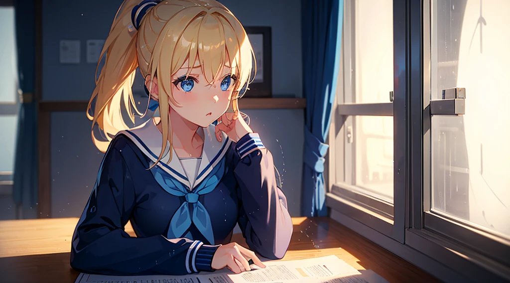 (1 girl, blonde hair, ponytail, blue eyes, sailor suit, headphone, studying, kawaii), (night time, room with indirect lighting, rain outside the window, blue neon)