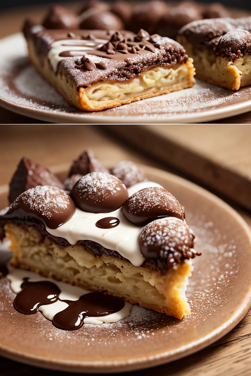 someone is cutting into a pastry with a knife on a black plate, pastry, 🐿🍸🍋, by Jeka Kemp, recipe, smothered in melted chocolate, ❤🔥🍄🌪, inspired by François Joseph Heim, chocolate river, inspired by Károly Horseshoe, competition winning, pastelle, super realistic food picture, highly disturbing
