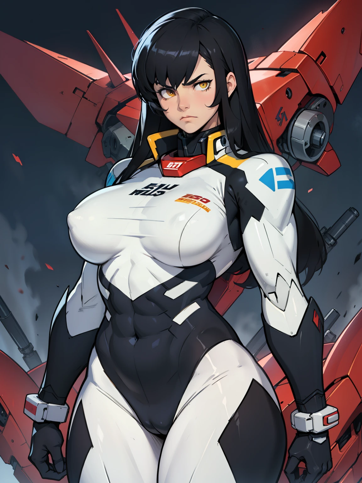 (((muscular girl thick large breasts toned body))) sad frown girl black hair yellow eyes pale skin (mecha mecha mecha mecha mecha mecha mecha) bodysuit