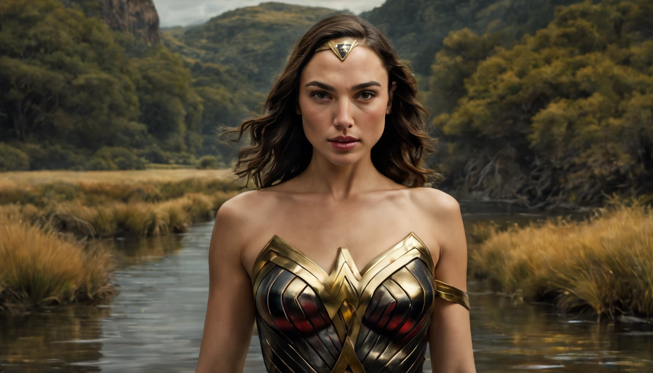 1 girl "Gal Gadot com vestido preto com dourado", numa paisagem, water, (papel de parede 8k de unidade CG extremamente detalhado), obras de arte mais bonitas do mundo, professional majestic oil painting, intrincada, alto detalhe, foco nítido, dramatic and photorealistic painting art