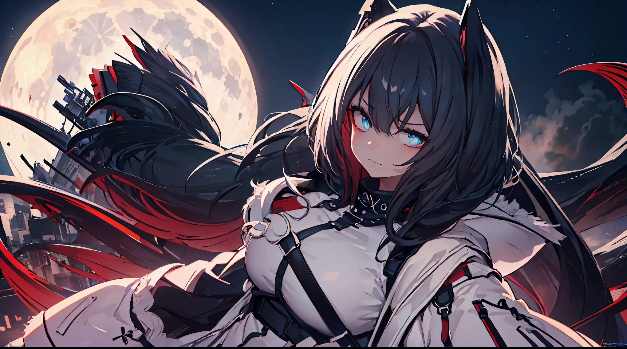 one girls, evil face, fangs, frowning eyebrows, wicked smile, Moon In Background, 8K quality, Best Quality, hairlong, a beautiful background, 1920x1080 resolution, neon eyes,