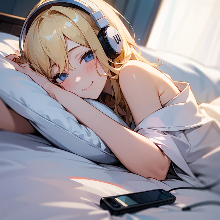 Smartphone、girl with、Lying in bed、white headphones、A sexy、a blond、a smile