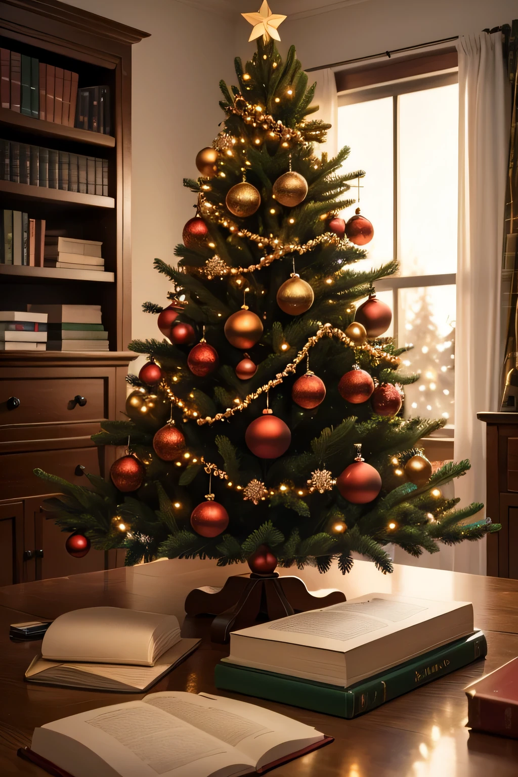 May the Christmas tree have a microscope, abelhas, livros, kit de vidrarias, bonecos de estudantes