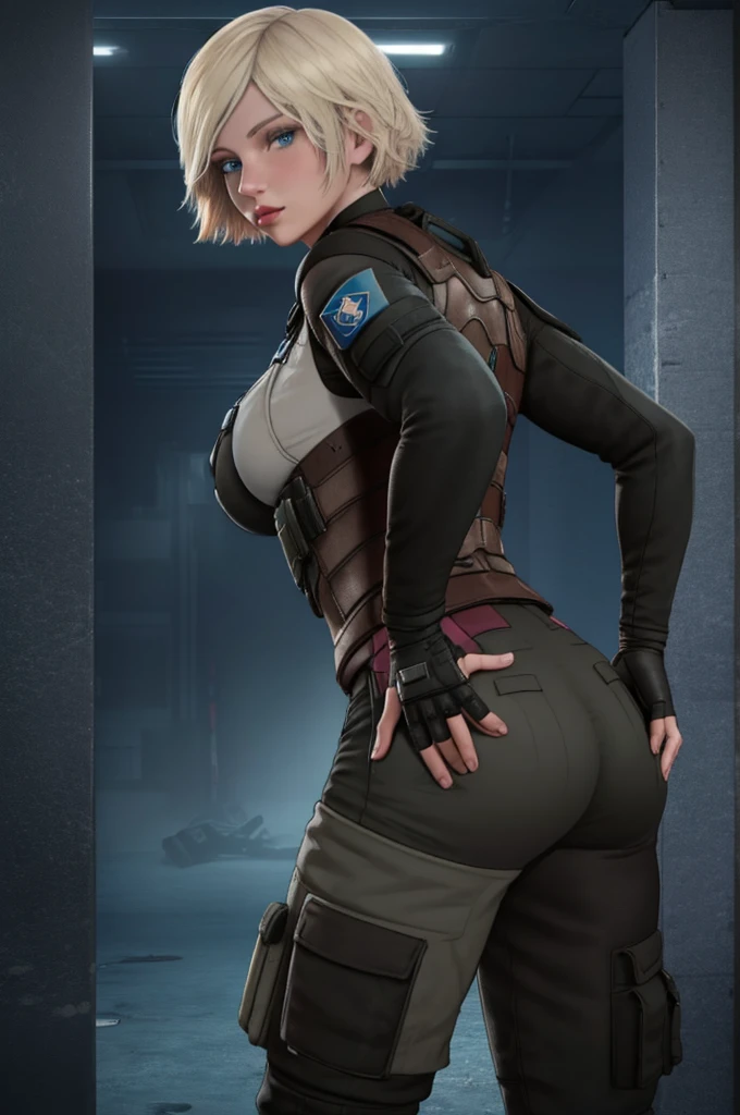 iana (rainbow six), masterpiece, best quality, 1girl, short hair, blue eyes, solo, blonde hair, looking back, from behind, looking at viewer, bodysuit, lips, hand on hip, gloves, pants, fingerless gloves, breasts, black pants