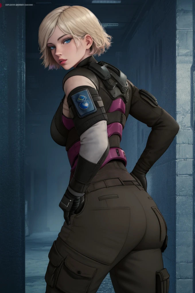 iana (rainbow six), masterpiece, best quality, 1girl, short hair, blue eyes, solo, blonde hair, looking back, from behind, looking at viewer, bodysuit, lips, hand on hip, gloves, pants, fingerless gloves, breasts, black pants