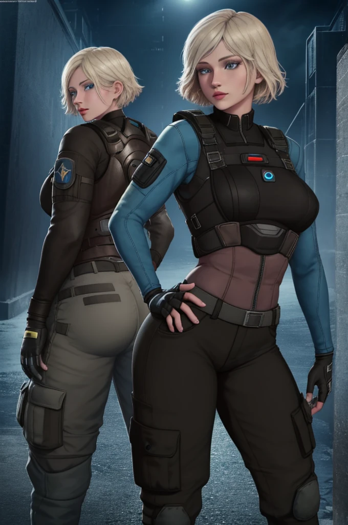 iana (rainbow six), masterpiece, best quality, 1girl, short hair, blue eyes, solo, blonde hair, looking back, from behind, looking at viewer, bodysuit, lips, hand on hip, gloves, pants, fingerless gloves, breasts, black pants