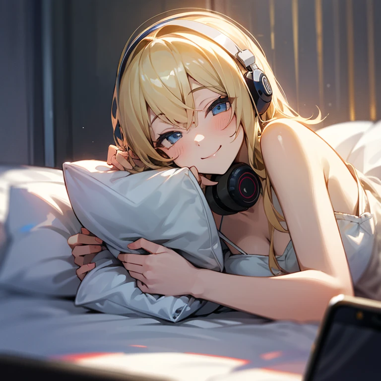 Smartphone、girl with、Lying in bed、white headphones、A sexy、a blond、a smile