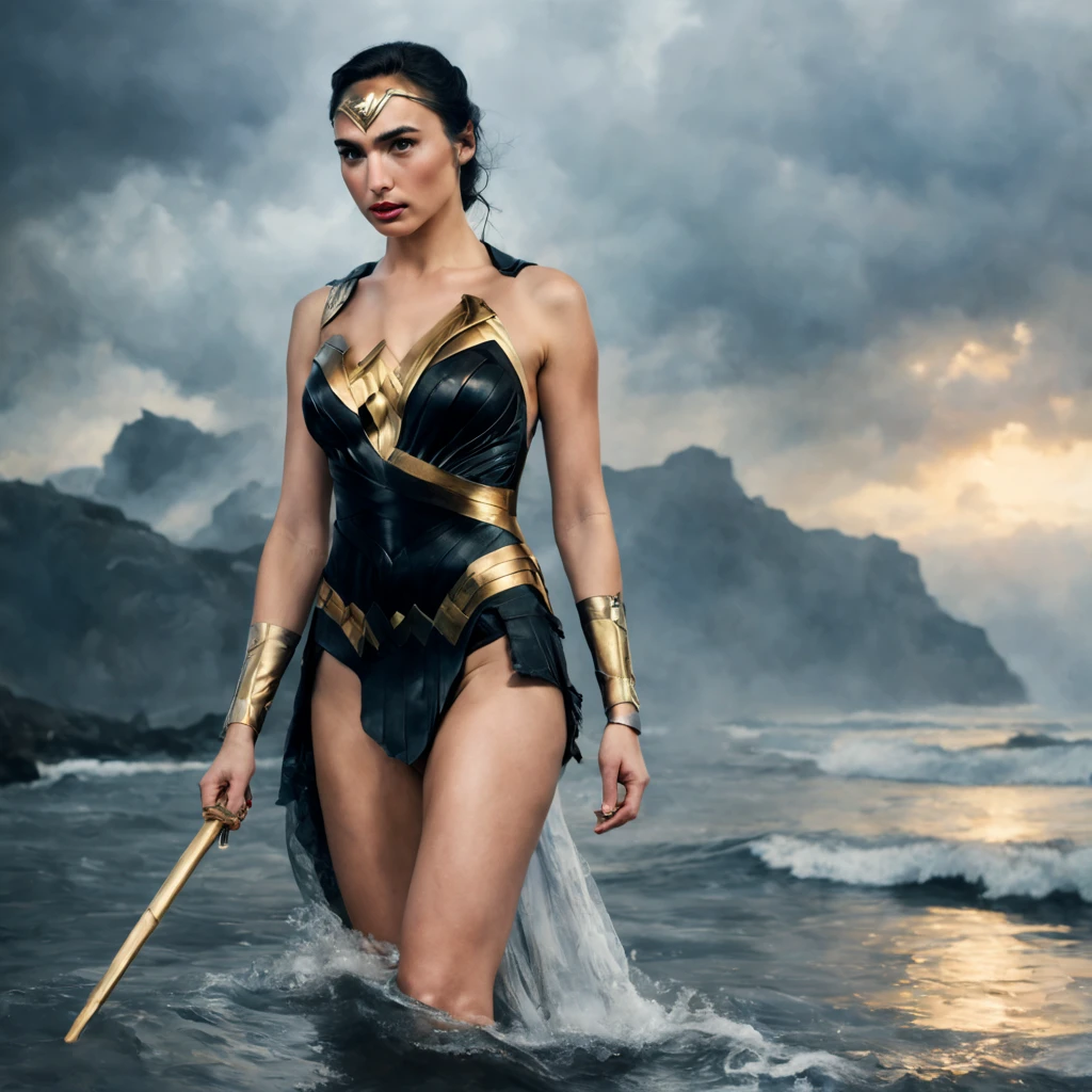 1 girl "Gal Gadot com vestido preto com dourado", numa paisagem, water, (papel de parede 8k de unidade CG extremamente detalhado), obras de arte mais bonitas do mundo, professional majestic oil painting, intrincada, alto detalhe, foco nítido, dramatic and photorealistic painting art