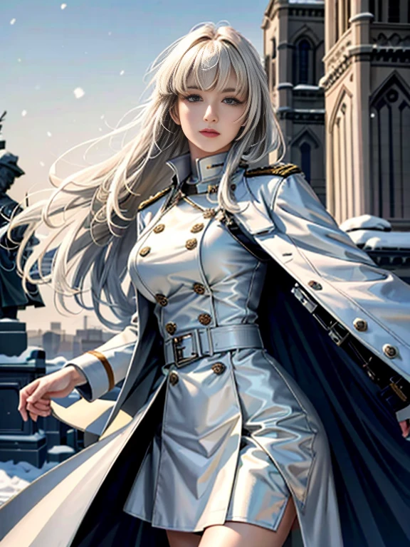 (highest resolution, distinct_image) Best quality, single person, one girl, solo, masterpiece, highly detailed, realistic, long hair, braided white blond hair, (blue military uniform underneath coat), depth of field, outdoor background, falling snow, ((big breasts)), authoritative, dignified, calm and powerful expression, ambient lighting, exquisite facial features, fur trimmed white coat, open coat, skirt, looking at viewer, head to waist, in a terrace of a monumental building, (((front bangs))), dynamic angle, striking a pose