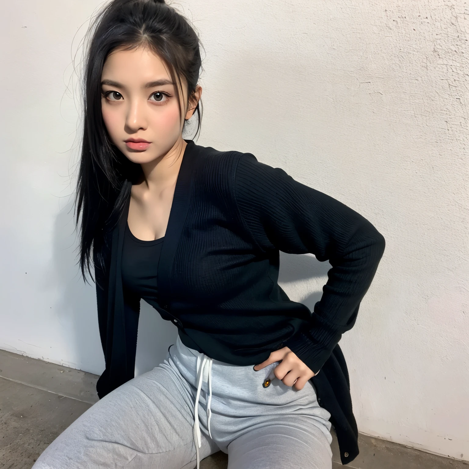 1girl, solo, masterpiece, best_quality, photoshoot, looking at camera, young adult gardevoir, tired expression, pokemon, pokemon (game), game freak, nintendo, (porcelain skin), blue eyes, (black hair), (messy hair in ponytail), black cardigan, baggy tshirt, black sweatpants, gen 3 pokemon, pokemon (creature), white skin, concrete background, leaning