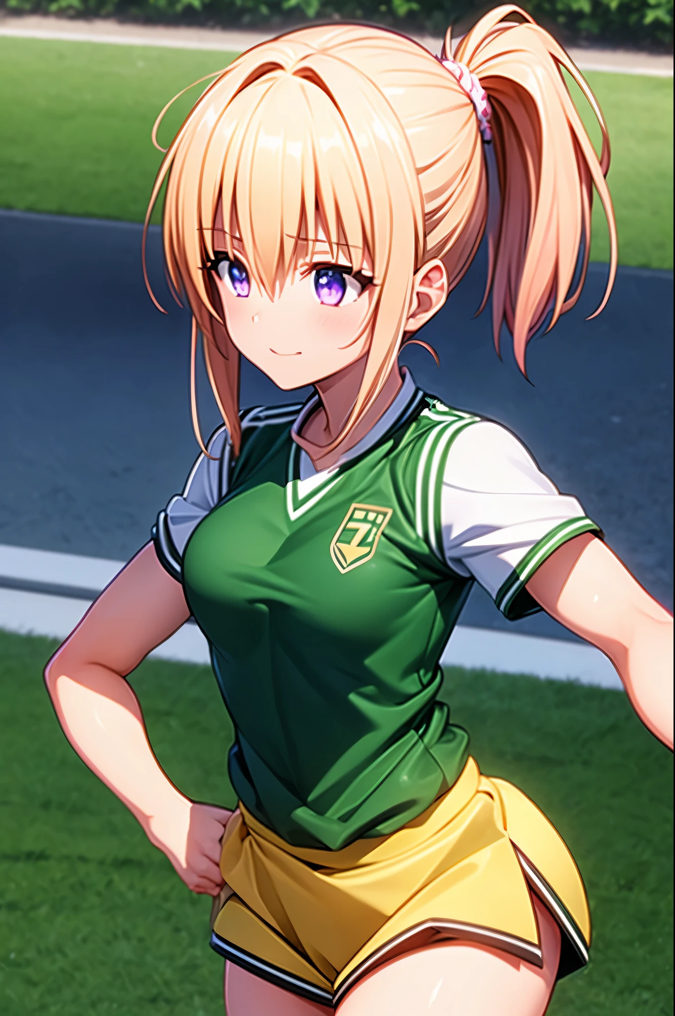 "(best quality,masterpiece:1.2,high resolution),1 girl, (muscular), spiky ponytail, toned body, perky breasts, long hair, (soccer uniform), muscle girl"