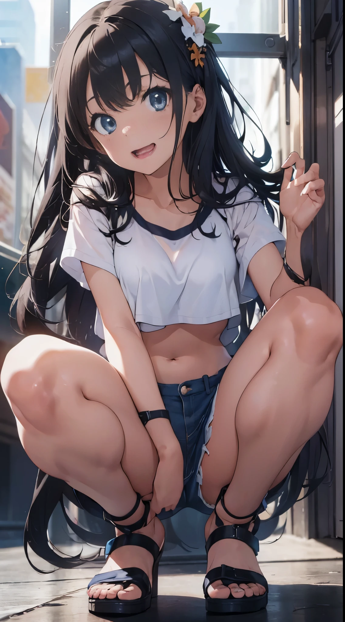 (Official art、Best Quality、Unity 8k Wallpapers、32K、masterpiece、ultra-detailliert、超A high resolution、realisitic、Photorealsitic:1.2)、(Cinematic lighting:1.2)、Fireglow effect、The grainiest shadow of the film、Rim lighting、side lights、Center shot、(ultra-detailliertで複雑な3Dレンダリング)、Detailed beautiful face and eyes、A slender、Medium bust、(Full body:1.2)、 Highly detailed background、beauitful face、blurry backround、-yeld beiful girl、(ultra-detailliertなスキン、detailed skin textures:1.3)、A dark-haired、Hip Hop Cable、(thighs thighs thighs thighs:0.8)、Knitted sandals、(((Sea sand beach)))、Smile with open mouth、(Nariko Saten),Blue eyes,((white t-shirt with belly button exposed,Blue shorts))(see -through)crouching down