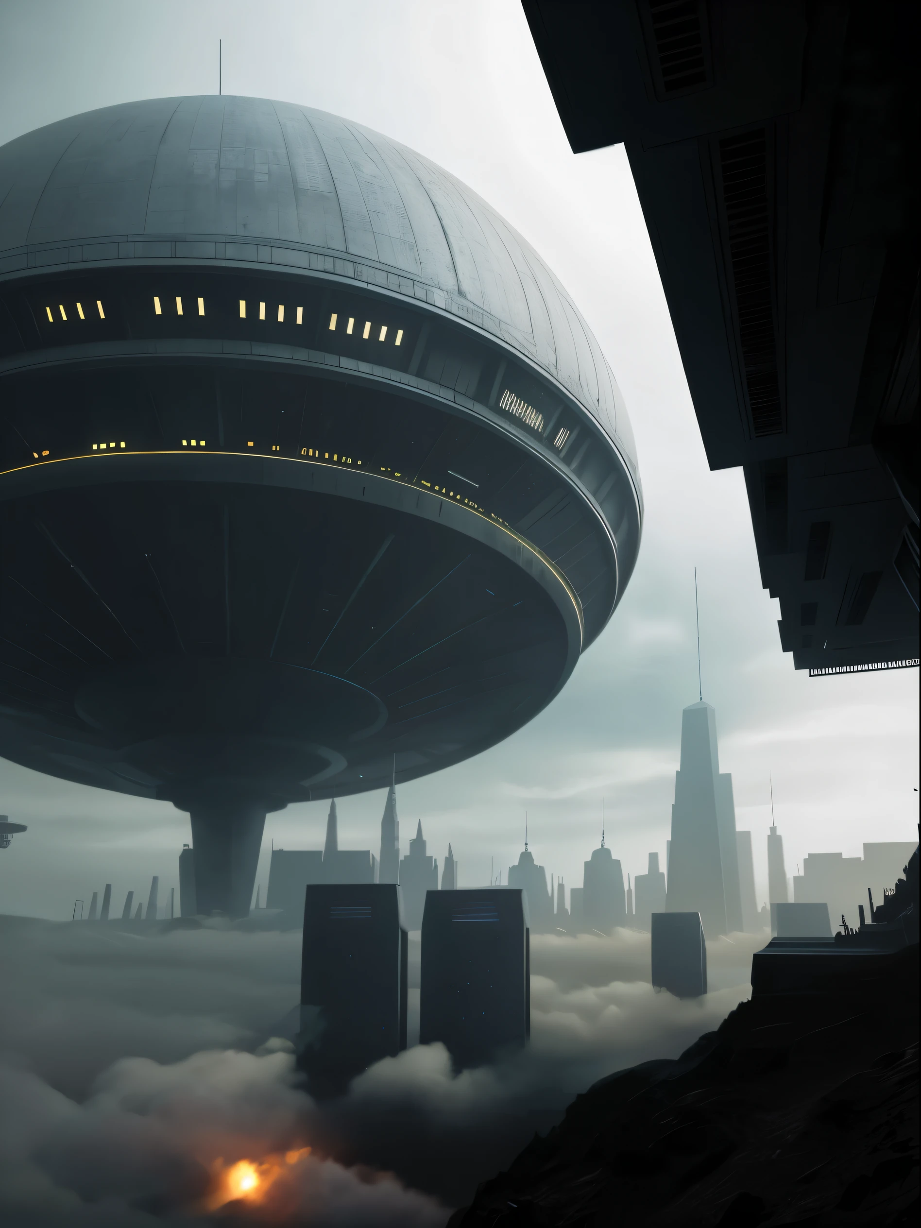 Alien sci-fi citadel, lots of buildings, alien tech, dark theme, flying cars moving around