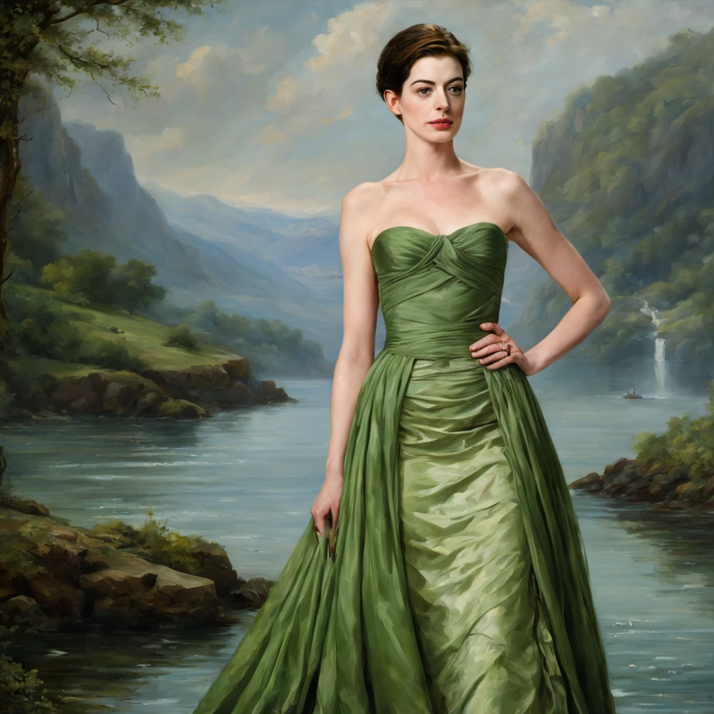 1 girl "Anne Hathaway com vestido verde com listras", numa paisagem, water, (papel de parede 8k de unidade CG extremamente detalhado), obras de arte mais bonitas do mundo, professional majestic oil painting, intrincada, alto detalhe, foco nítido, dramatic and photorealistic painting art