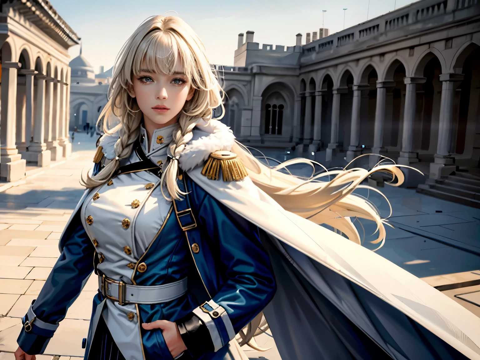 (highest resolution, distinct_image) Best quality, single person, one girl, solo, masterpiece, highly detailed, realistic, long hair, braided white blond hair, (blue military uniform underneath coat), depth of field, outdoor background, falling snow, ((big breasts)), authoritative, dignified, calm and powerful expression, ambient lighting, exquisite facial features, fur trimmed white coat, open coat, skirt, looking at viewer, head to waist, in a terrace of a monumental building, (((front bangs))), dynamic angle, striking a pose