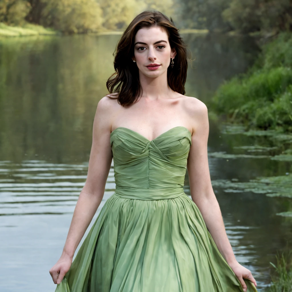 1 girl "Anne Hathaway com vestido verde com listras", numa paisagem, water, (papel de parede 8k de unidade CG extremamente detalhado), obras de arte mais bonitas do mundo, professional majestic oil painting, intrincada, alto detalhe, foco nítido, dramatic and photorealistic painting art