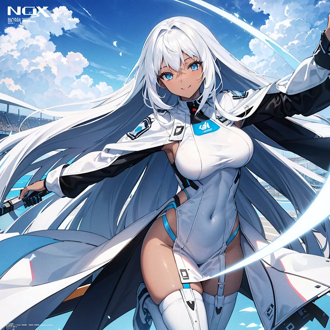 girl, long white hair, Dark skin, Expose your figure,Wearing a white racing suit, Chopping, blue colored eyes, Smiling, a sexy pose,enchanted, A high resolution, Super sharp, 8K, (Magazines: 1.3), (styled: 1.3), racing paddock, Background sky