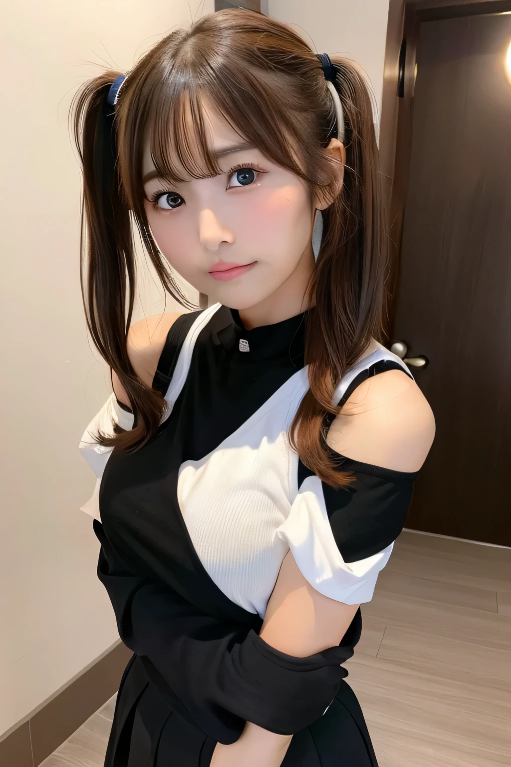 1girl in, Extremely cute face,masterpiece, top-quality, Ultra-fine、Colossal tits, Brown hair, Twintails with brown hair、short-hair、, intrusive bust, Volleyball uniform, full body Esbian, Photo taken from the front, stretch, Open crotch, Beautiful breasts, Gymnasium, full of sweat、nogizaka、Beautiful black eyes:1.3、17-year-old schoolgirl