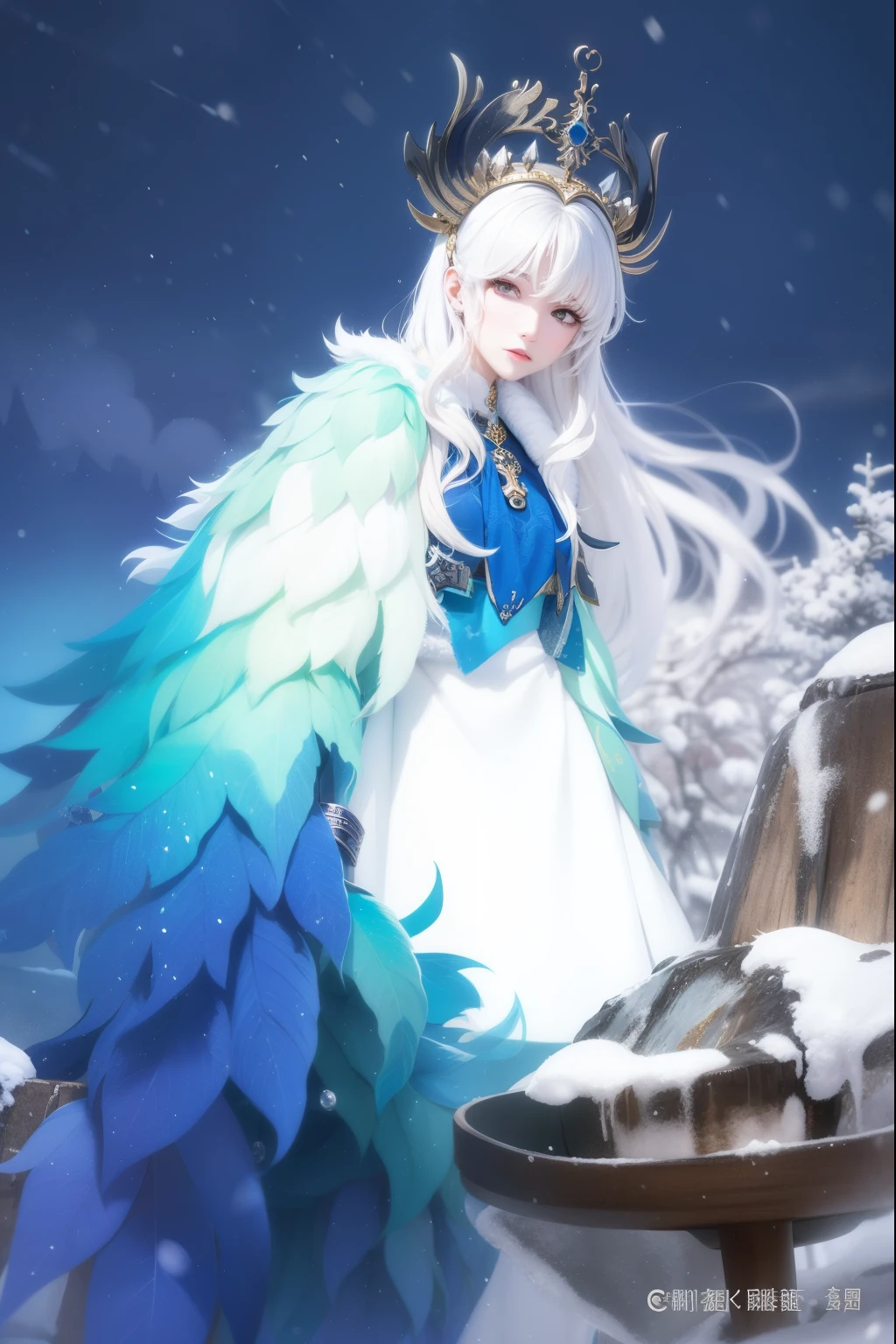 Fide woman in blue and white dress standing in snowy forest, goddess of winter, winter queen, Popular topics on cgstation, queen and storm, hag, 灵感A scene from the李梅树, 灵感A scene from the兰英, 灵感A scene from the冷梅, A scene from the《Brave Breach II》, lunar themed attire, beautiful ancient frost witch