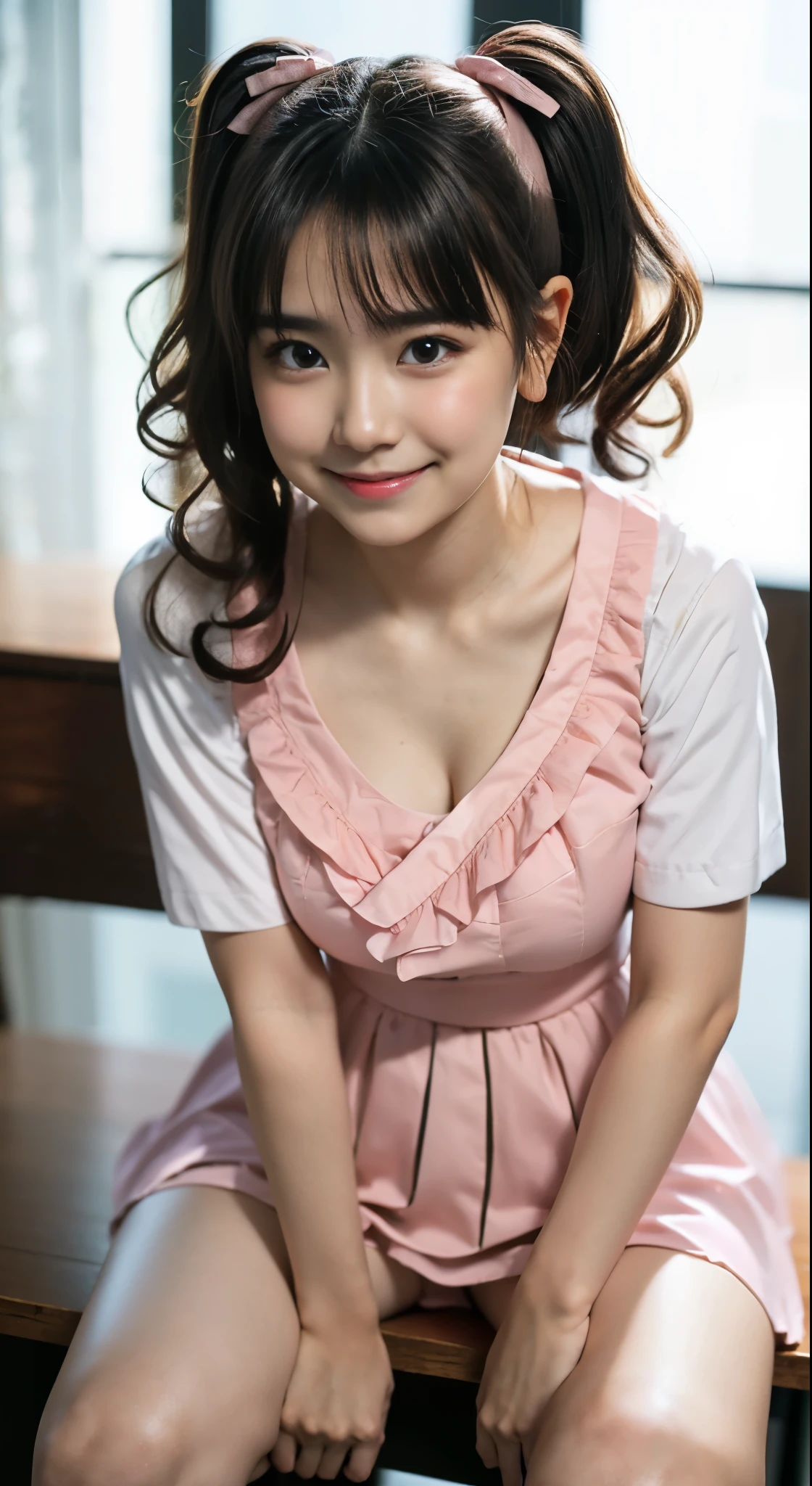 (8K、Raw photography、top-quality、masterpiece:1.2),(Open your legs wide),(A dark-haired、poneyTail、Curly hair:1.5),watching at viewers,Looking at the front,Erotic,de pele branca,(Pink Ranger:1.7)、(Clothing that emphasizes the shape of your chest、exposing the skin:1.4)、(Colossal tits:1.3)、absurderes,、超A high resolution,,ren,Beautiful fece,(One Person, 独奏、without background:1.6),fullllbody,hi-school girl,A Japanese Lady,is standing,(Photorealsitic:1.37)、Photon mapping,Realistic、(Cute little face: 1.8)、(Cute smile: 1.7)、(with round face: 1.8)、Radio City、Physically Based Rendering、Foreground、depth of field rally background、a picture,beauty legs, (Knees are visible,Thigh close-up:1.4),full body Esbian、Nogizaka Idol, Japanese ido、Colossal titsle body esbian、super definition、Sit on a desk and spread your legs