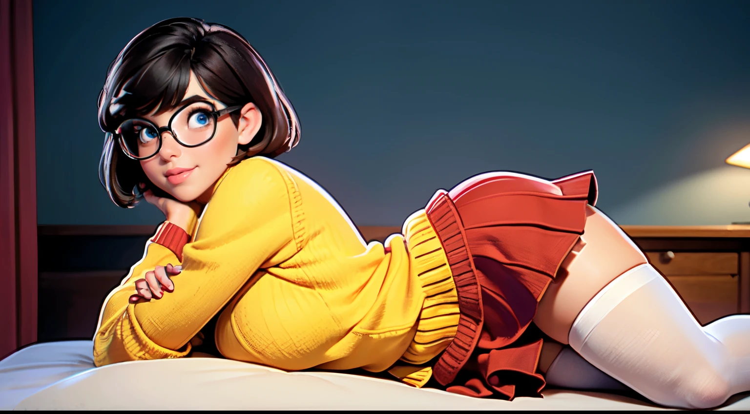 HD, 8k quality, masterpiece, Velma, dream girl, large breasts, beautiful face, blushing, kissing lips, short bob hairstyle, long bangs, perfect makeup, realistic face, detailed eyes, blue eyes, brunette hair, long eyelashes, smiling, spooky bedroom, lying down on bed, thicc body, leaning forward, eyes at viewer, mustard-yellow top, knitted turtle neck sweater, clear lens glasses, cherry-red skirt, schoolgirl skirt, booty, knee high white socks,