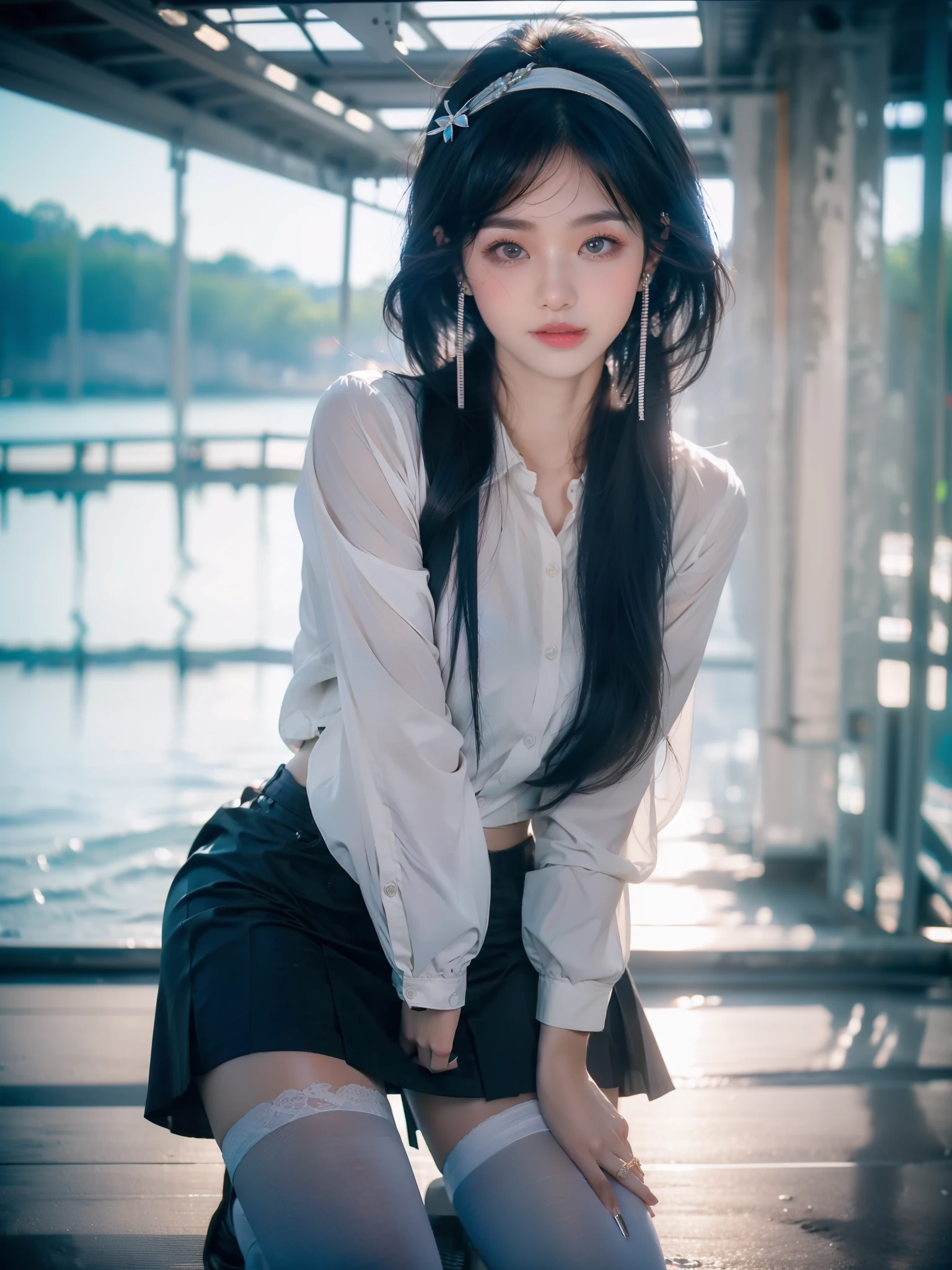 (8K, Best quality, tmasterpiece:1.3),(a true,photore:1.37),(looking at viewert:1.331),(black hair color hair)(Kneeling),Seafront,Morning view,sunraise,sunny clear sky,1 teenage girl,Very beautiful face,high ponytails,Weight hair,Bushy hair,shoulder to shoulder,hair straight,Random expression,There is a smile on her lips,largeeyes,(Wear a miniskirt),(White knee-length stockings)(see-through shirts),Ribbon hair accessories,Quality hair