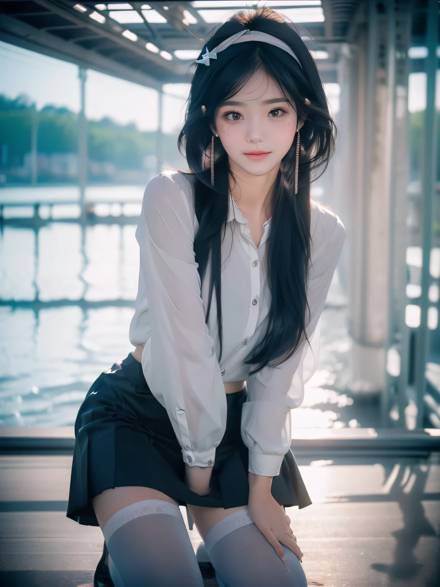 (8K, Best quality at best, tmasterpiece:1.3),(a true,photore:1.37),(looking at viewert:1.331),(black hair color hair)(Kneeling),Seafront,Morning view,sunraise,sunny clear sky,1 age girl,Very beautiful face,high ponytails,Weight hair,Bushy hair,shoulder to shoulder,hair straight,Random expression,There is a smile on her lips,largeeyes,(Wearing mini skirt),(White knee-length stockings)(see through shirt),Ribbon hair accessories,Quality hair