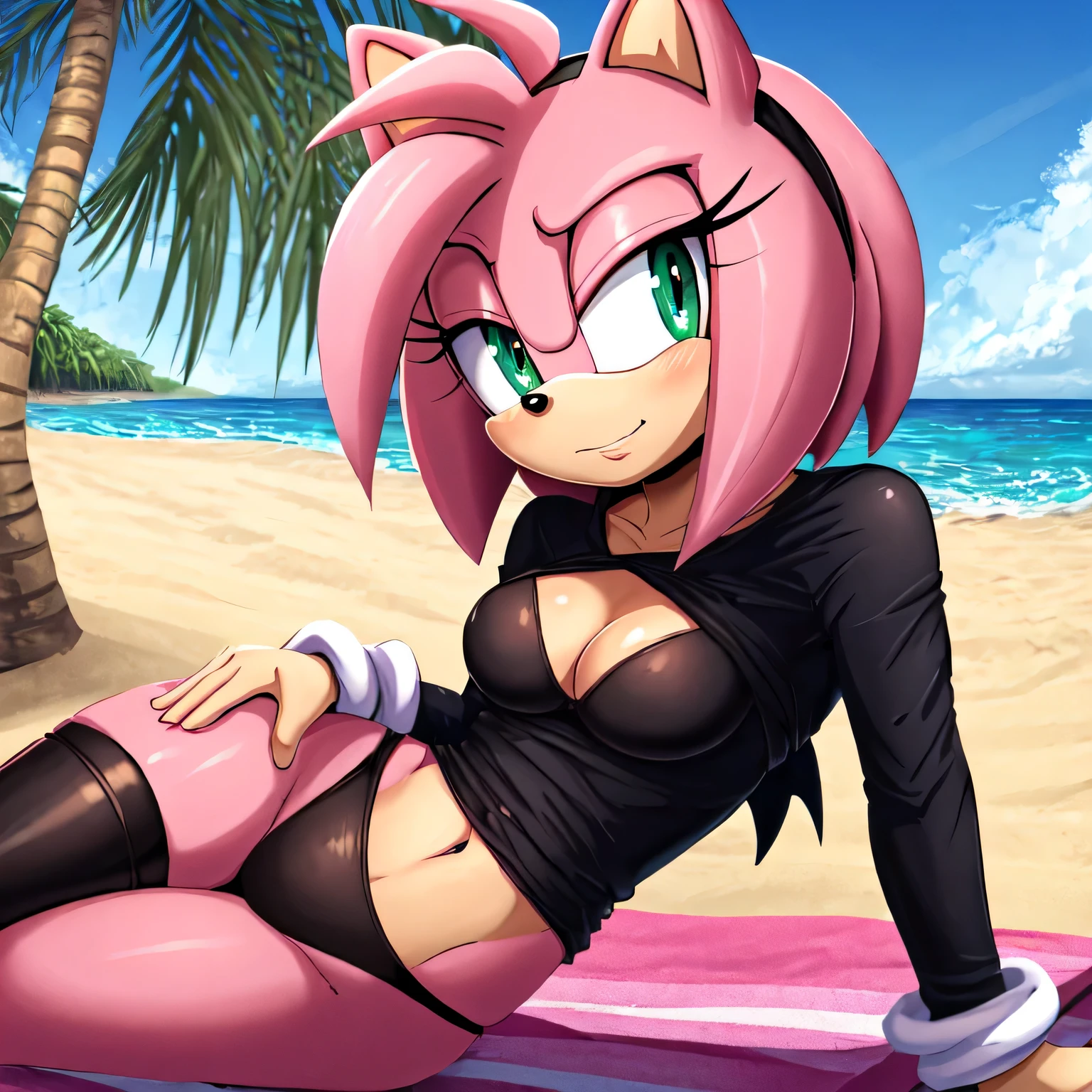 (best quality:1.2), (sonic the hedgehoasterpiece, Amy rose fused with rogue the bat, sexy clothing, sexy, detailed fur, alluring, beach background, waves, detailed eyes, perfect anatomy, high resolution