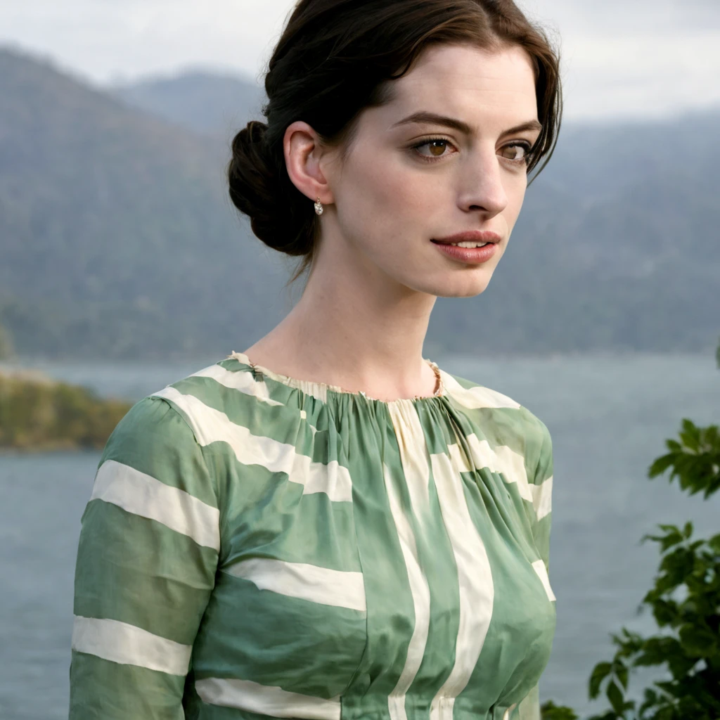 1 girl "Anne Hathaway com vestido verde com listras", numa paisagem, water, (papel de parede 8k de unidade CG extremamente detalhado), obras de arte mais bonitas do mundo, professional majestic oil painting, intrincada, alto detalhe, foco nítido, dramatic and photorealistic painting art